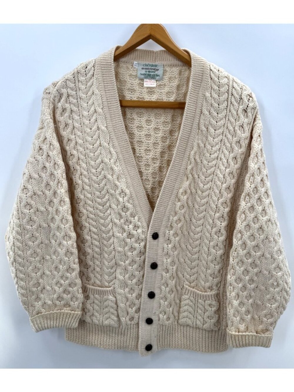 Vintage 90s Clady Knit Hand Made Pure Ivory Wool Cardigan Sweater Coat Men Sz XL